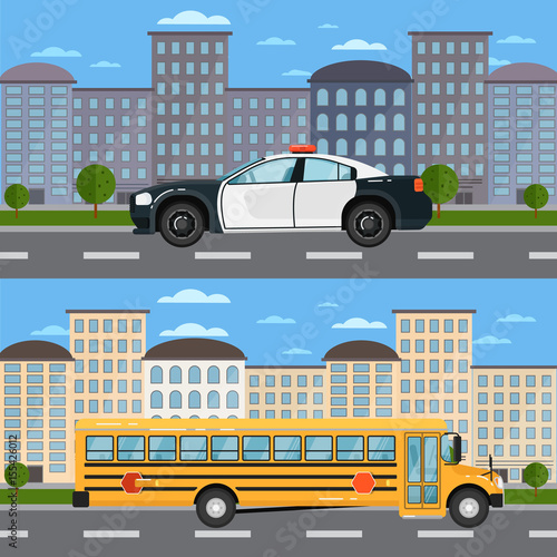 Yellow school bus and police car in urban landscape. Service auto vehicle, public and emergency transport, urban roadside assistance. City street road traffic vector illustration, cityscape background