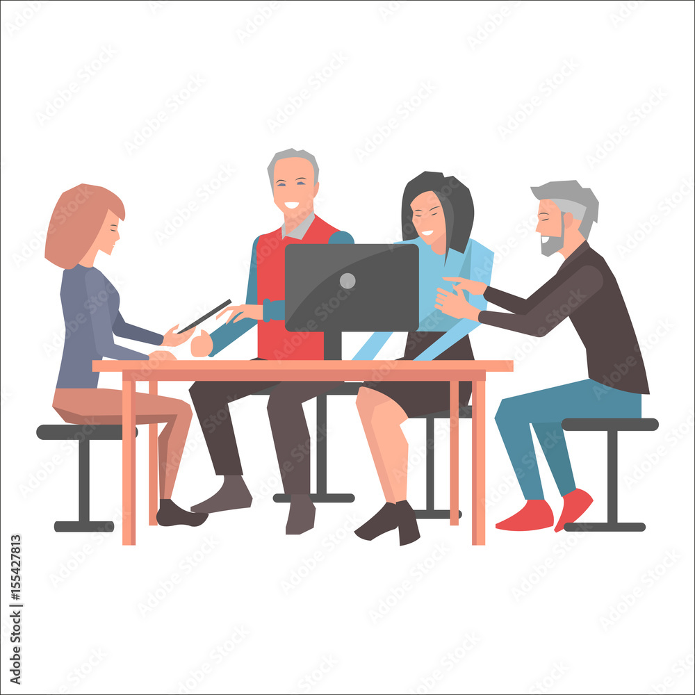 Smiling People Sitting at Table with Black Laptop