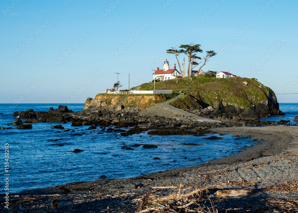 Battery Point Lighthouse in Crescent City, California, USA, during a low tide, in the early morning