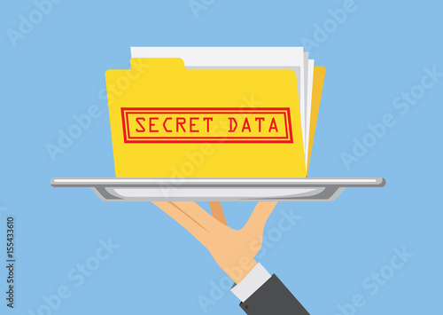 Hand holding Secret data folder in silver dish ready to send. Illustration about important information in doing business.