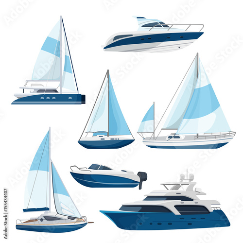 Set of boats with sails, one and double decked yachts