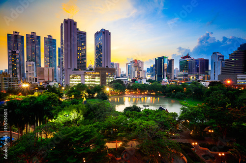 Benchasiri Park at twilight, Bangkok Thailand photo