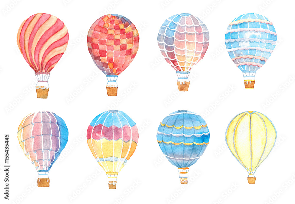 Watercolor hand drawn illustration set of Multicolored balloons isolated on white
