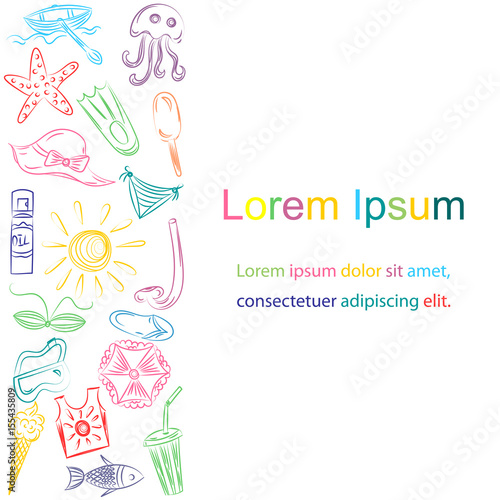 Hand Drawn Colorful Summer Vacancies Symbols.Template with Doodle Boats, Ice cream, Palms, Hat, Umbrella, Jellyfish, Cocktail, Sun with Place for Text in the Center. Vector Illustration.