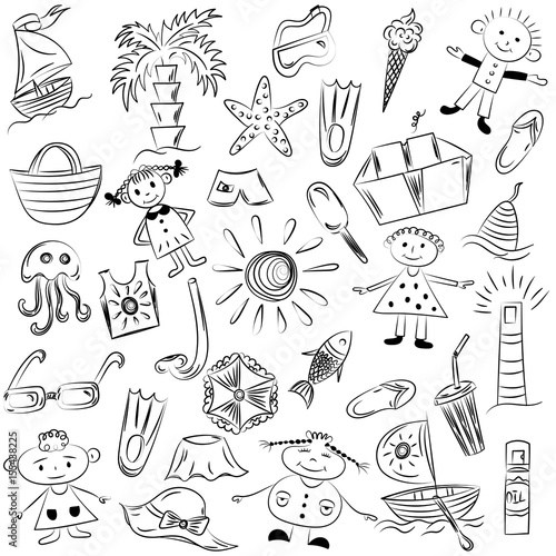 Hand Drawings of Summer Vacancies Symbols. Doodle Boats, Ice cream, Palms, Hat, Umbrella, Jellyfish, Cocktail, Sun and Kids.. Vector Illustration.