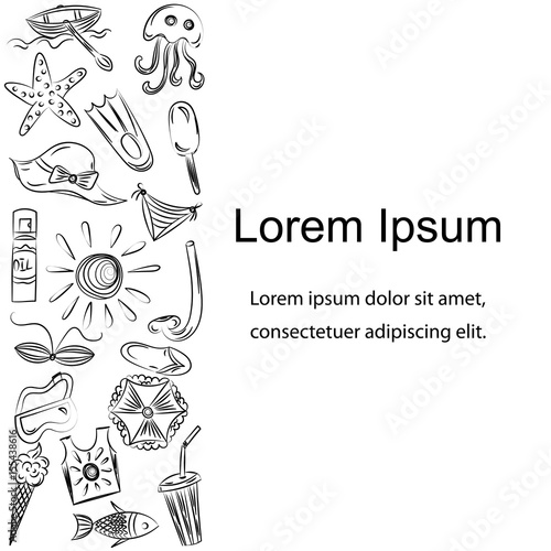 Hand Drawn Summer Vacancies Symbols.Template with Doodle Boats, Ice cream, Palms, Hat, Umbrella, Jellyfish, Cocktail, Sun with Place for Text in the Center. Vector Illustration.