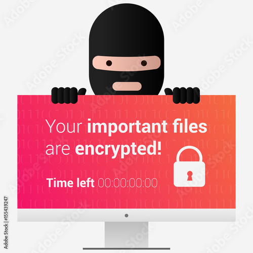 Head of the ransomware. Virus encryptor message on pc screen.  photo