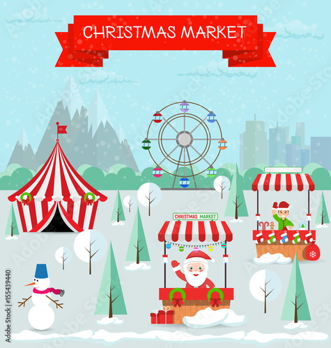 Invitation card Merry Christmas and happy new year on fair. Vector illustration flat style. Market stall, circus, ferris wheel, snowman, santa claus, christmas trees are covered with snow.