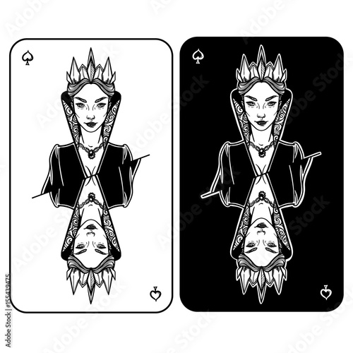 Vector illustration with Queen of spades. Cardinal Queen of spades. Evil Queen with Crown.