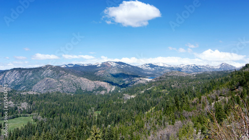 Panoramic view of the Sierra Nevada from highway 80 Westbound past Donner Summit, California, USA, in the winter of 2017 