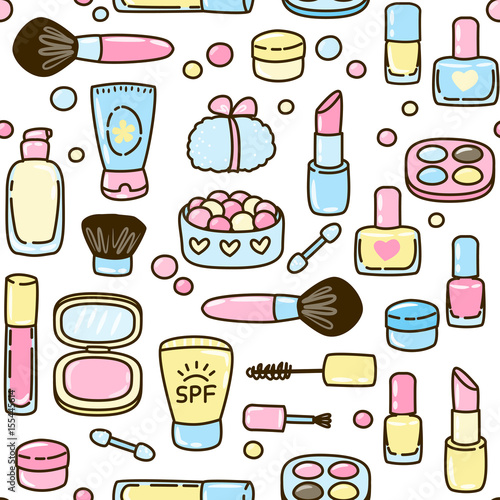 Seamless pattern with cute makeup set