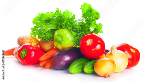 vegetarian vitamin set of vegetables, tomatoes, cucumbers, greens, onions, potatoes, lettuce isolated on white background