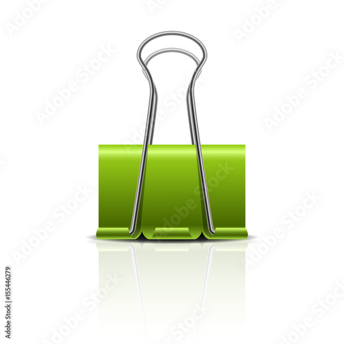 Realistic 3D green paper clamp isolated on white background. Design element For Your business project. Vector Illustration