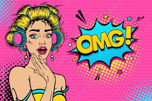 Wow face. Sexy young blonde woman housewife with open mouth and hair сurlers, bright makeup and OMG! speech bubble. Vector colorful background in pop art retro comic style. Party invitation poster.