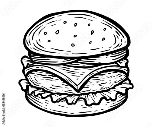Burger, hamburger with meat, salad, cheese. Fast food vector. Isolated on white background. Junk street food. Engraved hand drawn illustration in retro vintage style.