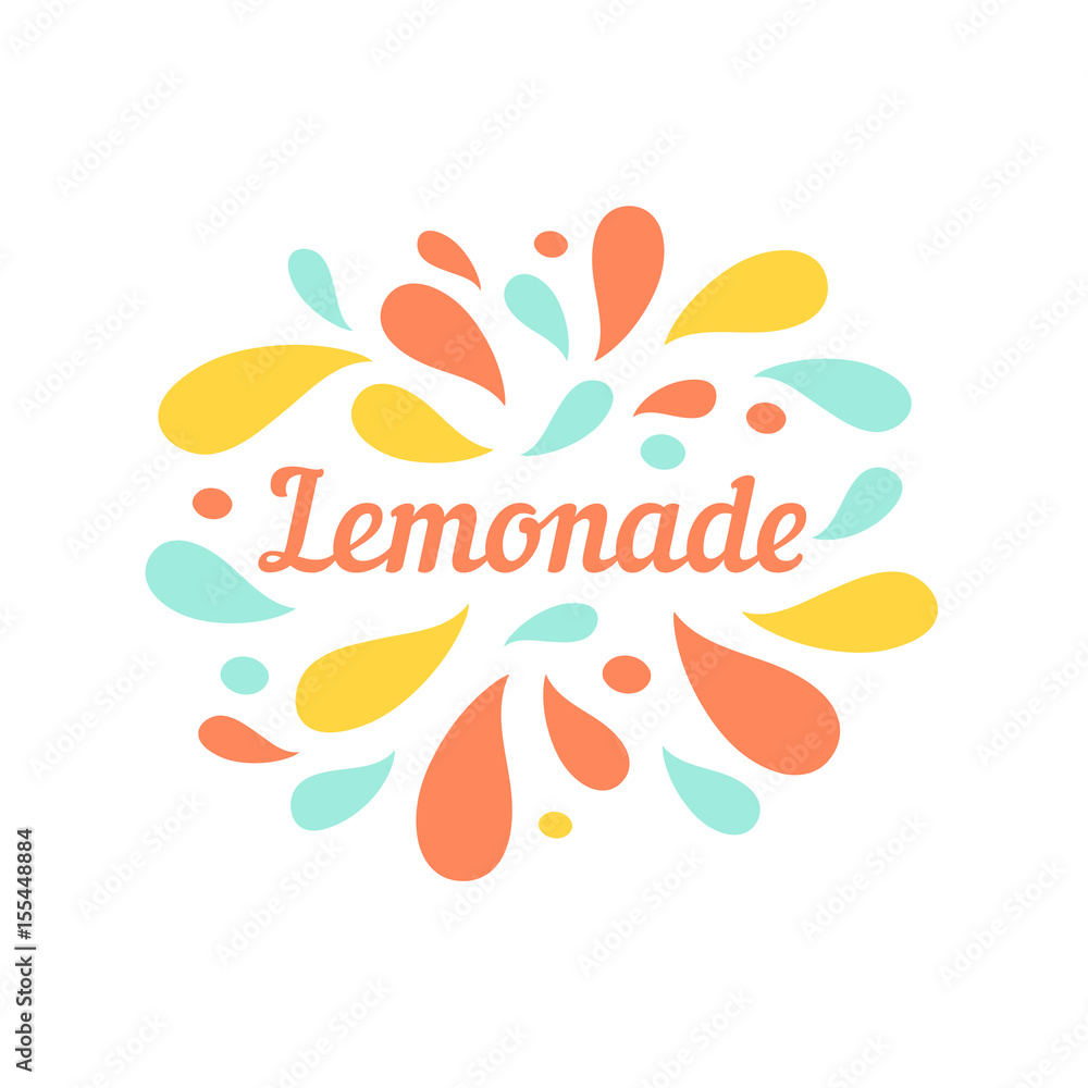 Lemonade color splash juice beverage logo, label, badge for groceries, fruit drink stores, packaging and advertising. Splash with drops Logotype design. Vector illustration Lemonade color splash juice beverage logo, label, badge for groceries, fruit drink stores, packaging and advertising. Splash with drops Logotype design. Vector illustration