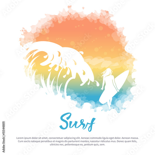 Big wave, a girl with a surfboard