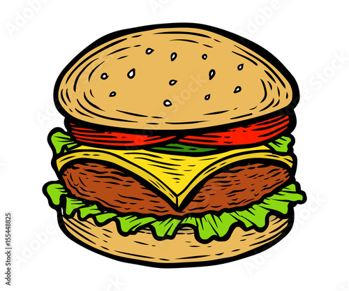 Burger, hamburger with meat, salad, cheese. Fast food vector. Isolated on white background. Junk street food. Engraved hand drawn illustration in retro vintage style.