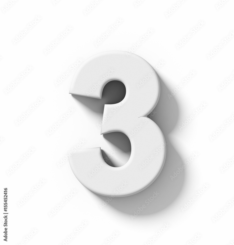 Naklejka premium number 3 3D white isolated on white with shadow - orthogonal projection