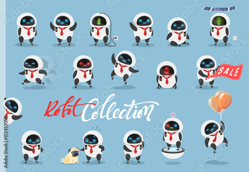Set character robot android. Characters cartoon in flat style with different tasks, gestures. On the faces of emotions, joy, laughter, surprise, anger. Objects isolated against a blue background.