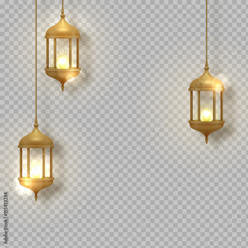 Gold vintage luminous lanterns. Arabic shining lamps. Isolated hanging realistic lamps. Effects of transparent vector background