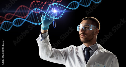 scientist with test tube and dna molecule