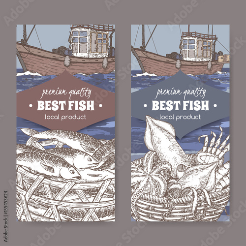 Two labels with color old fishing boat, fish and seafood basket.