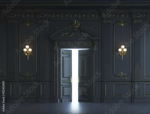 Fototapeta Naklejka Na Ścianę i Meble -  Black wall panels in classical style with gilding. 3d rendering