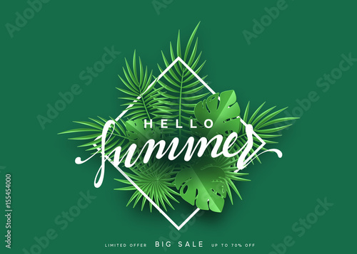Hello Summer banner tropical background. Summer season, design poster with green leaves