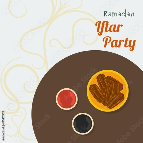 Editable Iftar Party Vector Background Concept with Top View Dates Fruit Also Coffee and Tea on Table for Poster or Invitation Card of Islamic Moments