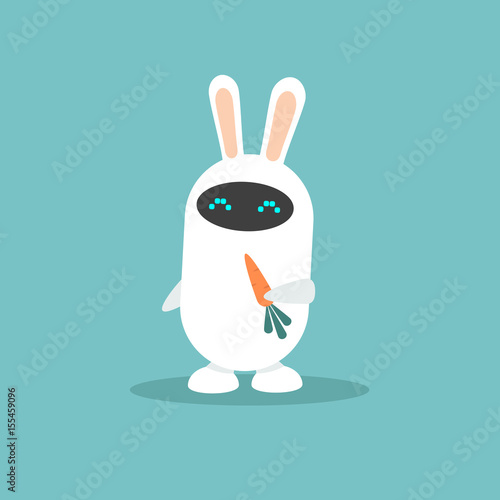 Home assistant. Cute white robot with bunny ears holding a carrot / flat editable vector illustration, clip art