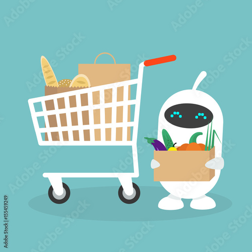 Cute white robot in a grocery store / flat editable vector illustration, clip art