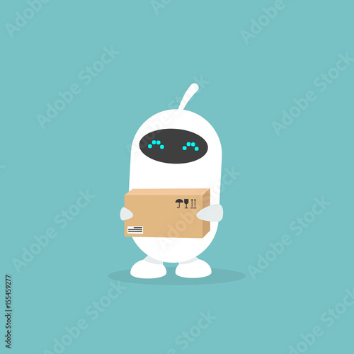 Cute white robot holding a parcel / flat editable vector illustration, clip art
