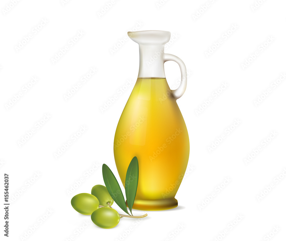 jug of olive oil and olive branch on a white background jug of olive oil and olive branch on a white background