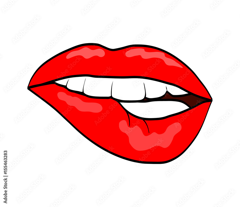 Red lips biting retro pop art comic style icon isolated on white background. Vector illustration.