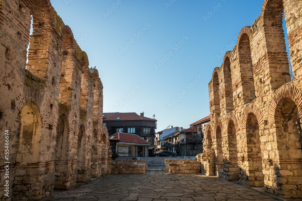 Ancient church in the old town of Nesebar, Bulgaria. Travel to Bulgaria concept. The town is in UNESCO world heritage list.