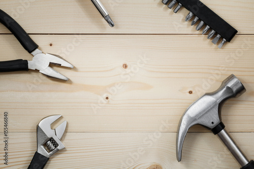 Work tools on a wooden table. Flat lay. Copy space.