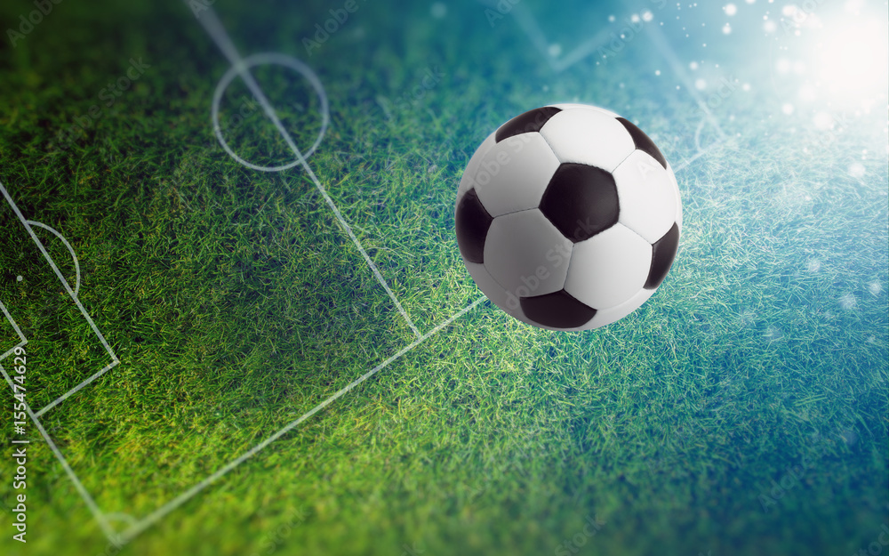 Soccer ball on green soccer field - obrazy, fototapety, plakaty 