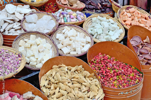 Sale of dry flavors in the market of Marrakech in Morocco