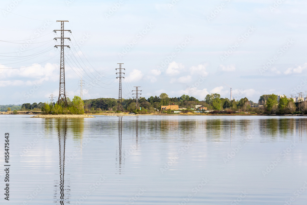 The supports of overhead power lines installed in the river
