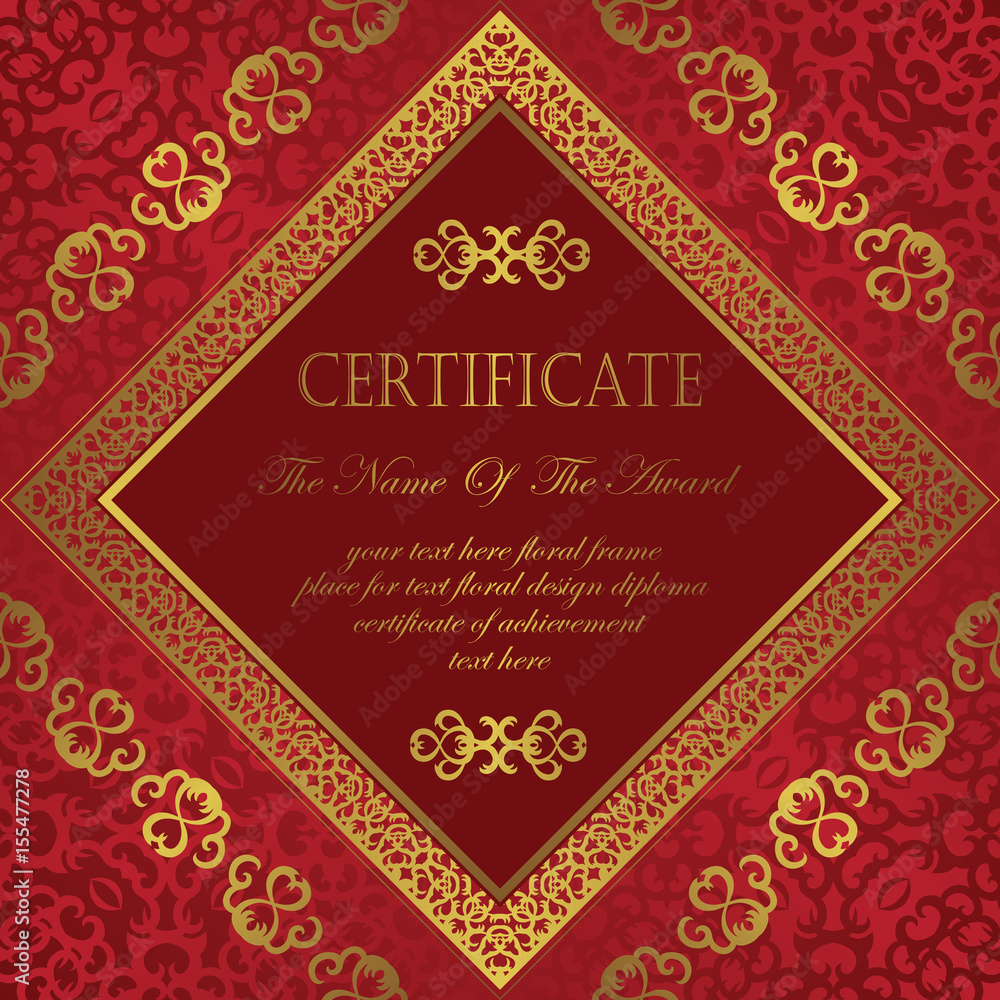 Invitation with a gold frame on seamless background in red. Original design