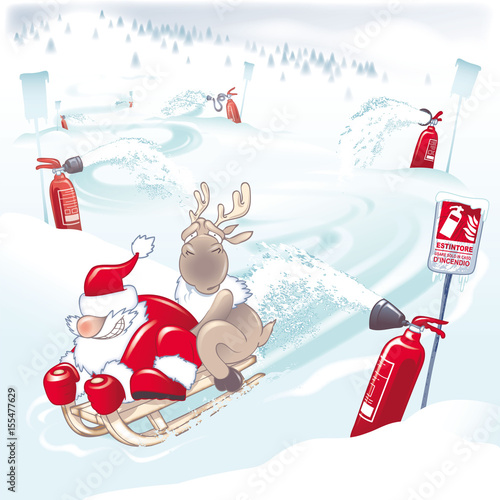 Santa Claus and a reindeer on a sledding