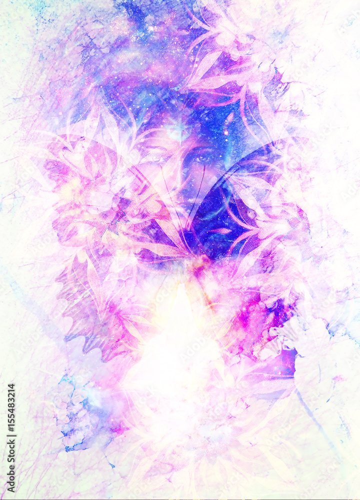 Goddess Woman and butterfly in Cosmic space. Cosmic Space background. eye contact. Marble effect.