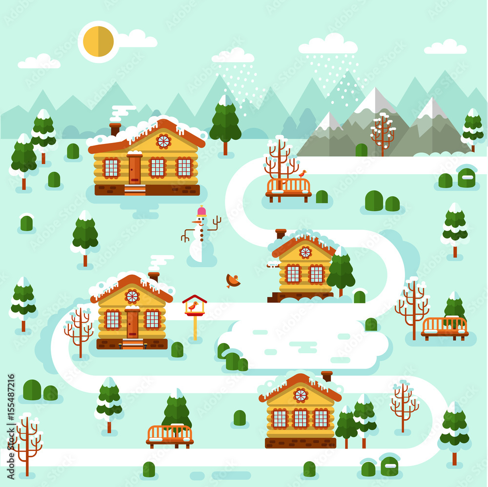 Flat design vector winter illustration of mountain village map. Included  cartoon houses with icicles, rink, road, snowman, bench, birds feeder. Rest  in the countryside. Stock Vector | Adobe Stock