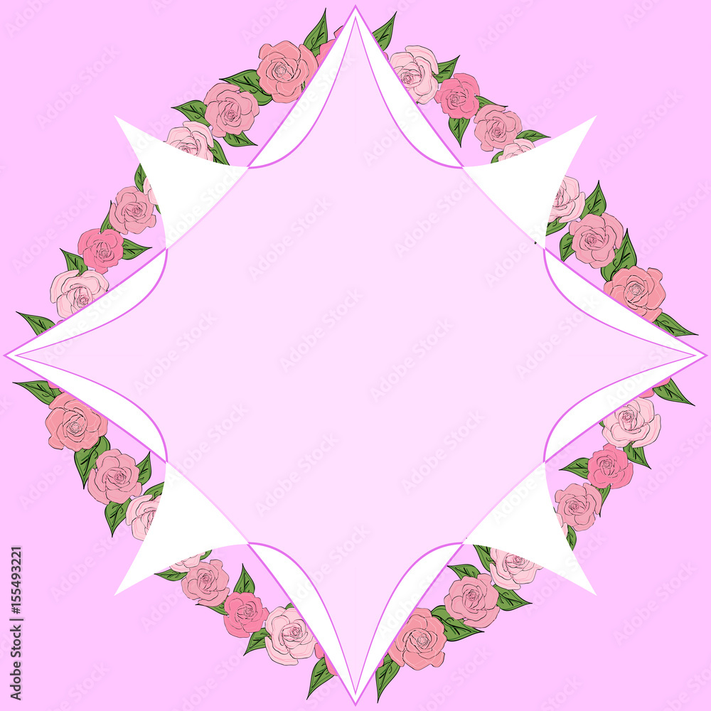 Octagonal frame on a background of roses with leaves of different sizes with space for text. wedding