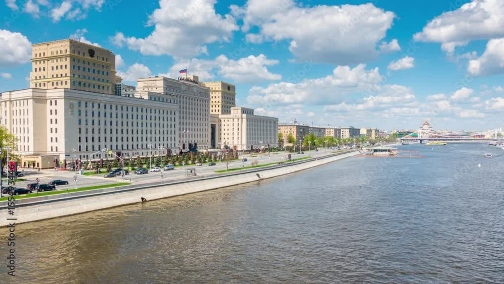 Timelapse of Ministry of Defense of the Russian Federation on Frunze Embankment in Moscow. Timelapse video. Beautiful city landscape Timelapse of Ministry of Defense of the Russian Federation on Frunze Embankment in Moscow. Timelapse video. Beautiful city landscape