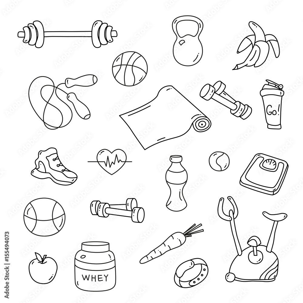 Hand drawn fitness doodles. Isolated set of gym equipment. Apple ...