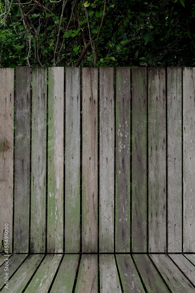 Old battens texture for background and place the product. There are green plants in the back. Old battens texture for background and place the product. There are green plants in the back.
