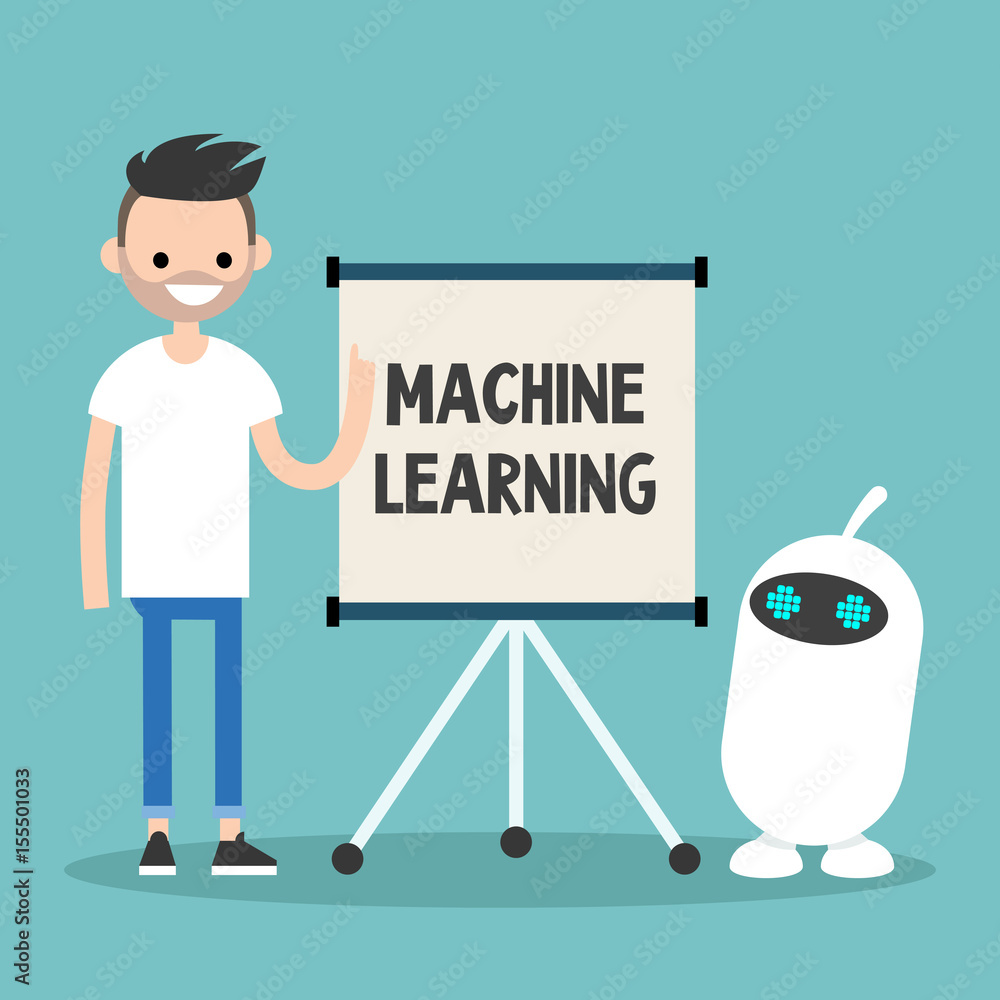 Machine learning conceptual illustration. Young character teaching small white robot / flat editable vector illustration, clip art Machine learning conceptual illustration. Young character teaching small white robot / flat editable vector illustration, clip art