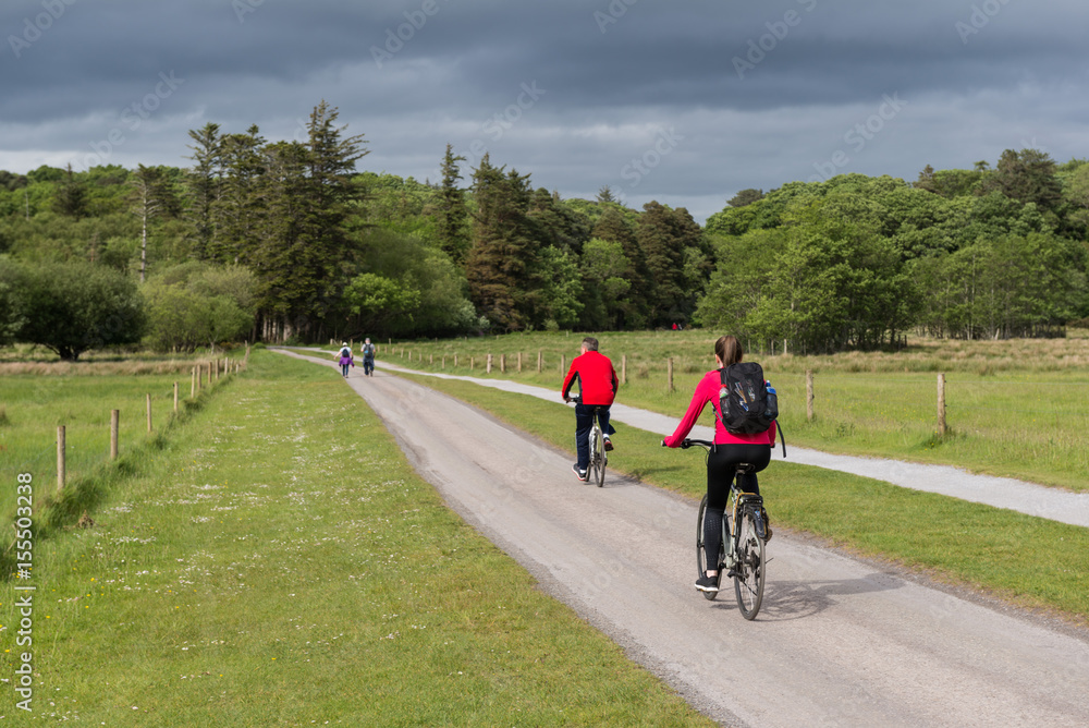 Obraz premium cyclists and walkers on a trail path in Killarney national park